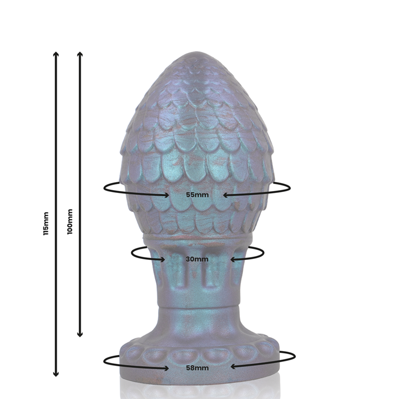 Guía de tallas del EPIC Vrakos con tapón anal forma huevo de dragón en tono azul violáceo y medidas visibles.
