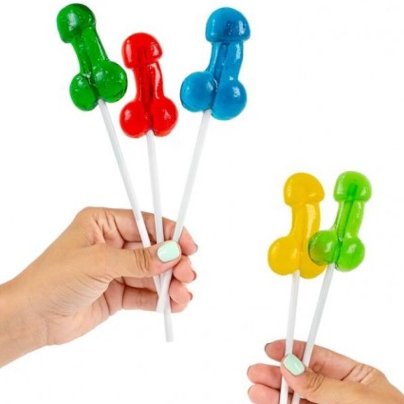 Piruletas Secretplay Cosmetic con forma de pene en varios colores, sostenidas con la mano.