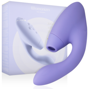 Womanizer Duo 2 estimulador lila en vista frontal con la caja del producto detrás.