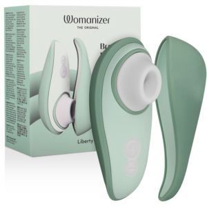 Womanizer Liberty 2 en verde y blanco con la caja del producto y la pieza curva desmontada.