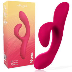 WE-VIBE Nova, vibrador rabbit rosa con su caja del producto.