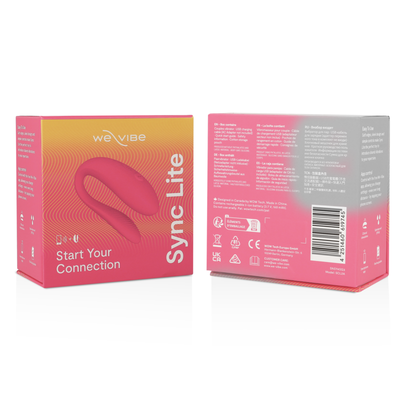 Caja del producto We-Vibe Sync Lite en rosa y naranja, con el frontal y la parte trasera visibles.