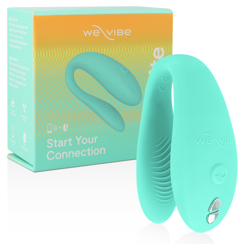 We-Vibe Sync Lite en verde menta junto a su caja del producto.