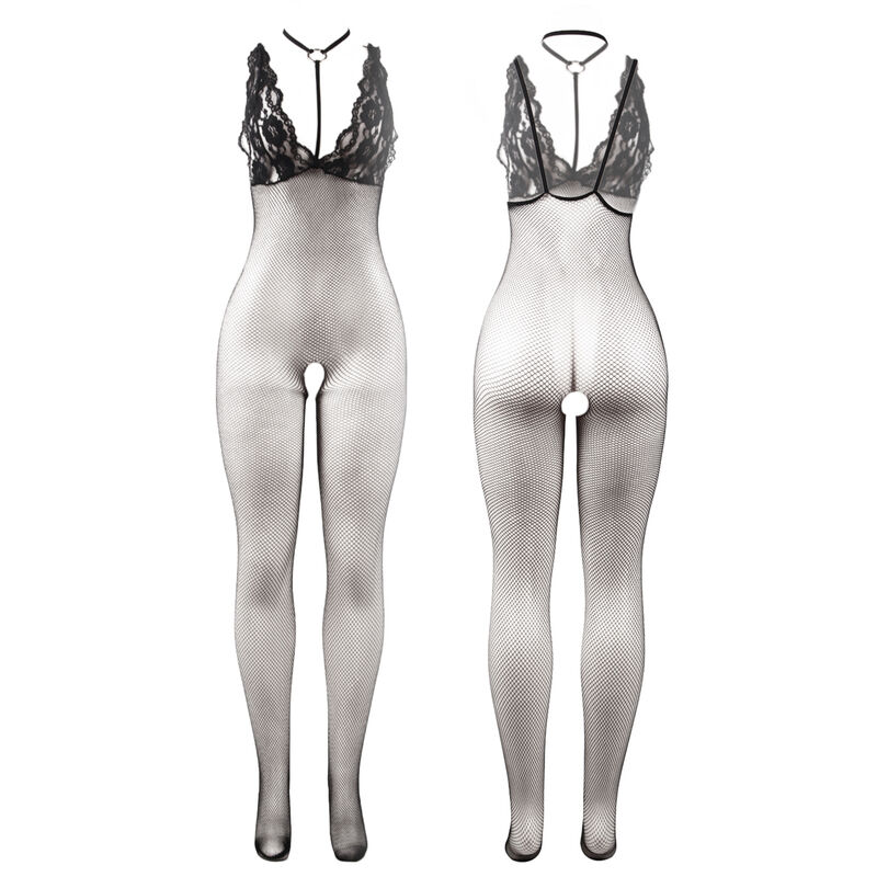 Subblime 951993 bodystocking de red negro sin entrepierna, vista frontal y trasera con encaje en el pecho.