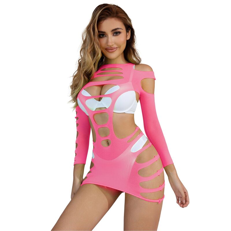 Vestido rosa Subblime de rejilla con manga larga y aberturas, visto de frente.
