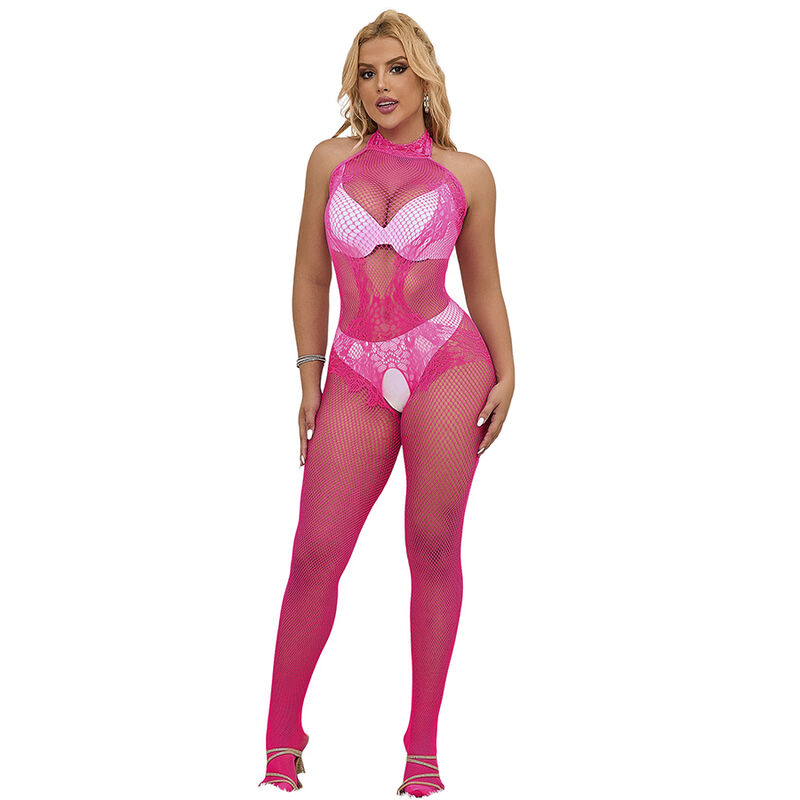 Bodystocking rosa de red y encaje Subblime, vista frontal en cuerpo entero.