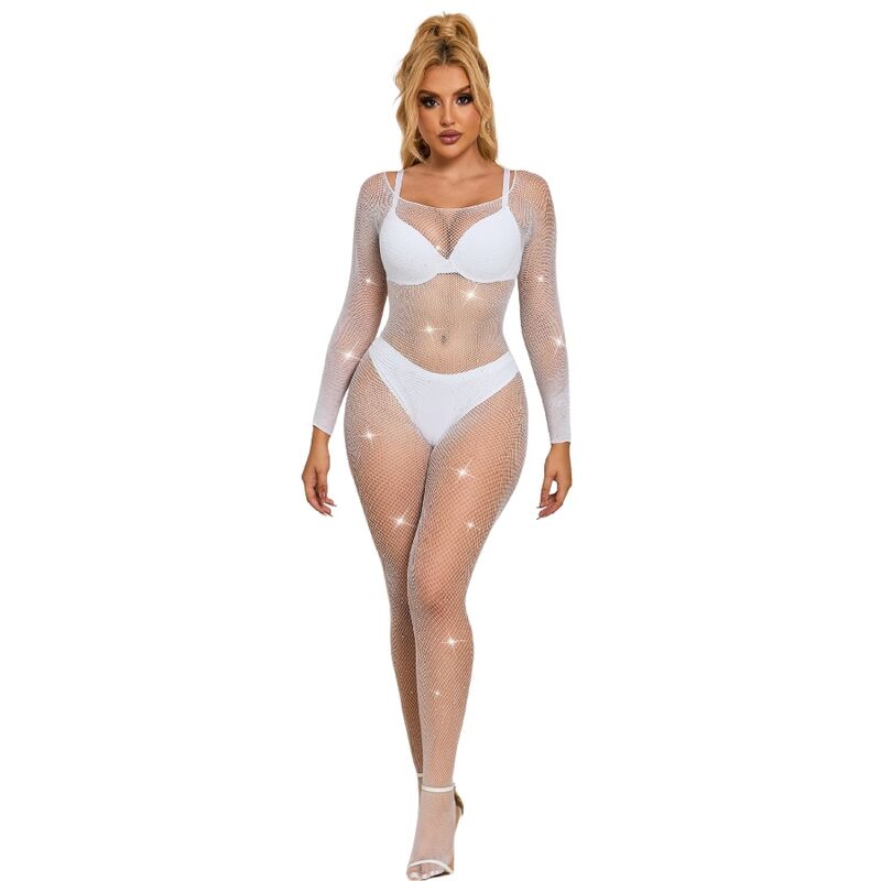 Bodystocking de red blanco SUBBLIME 952396, vista frontal, con manga larga y motivos en rombo.