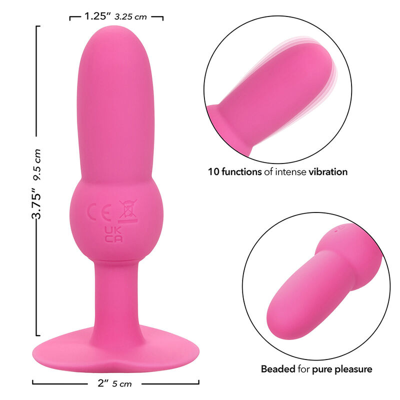 CalExotics First Time Vibrating Beaded Anal Plug rosa con medidas y detalles ampliados.