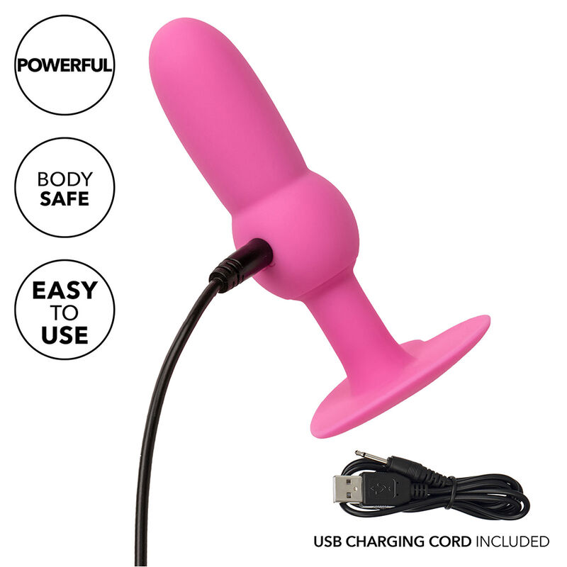 Plug anal vibrante rosa de CalExotics con cable USB incluido.