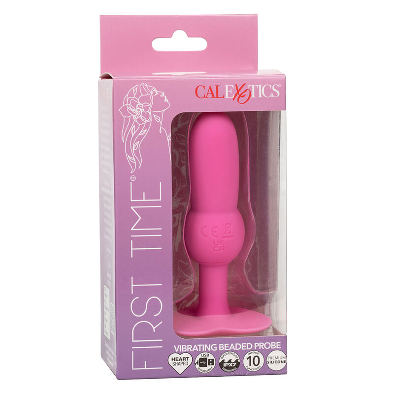Caja del producto CalExotics First Time con plug anal vibrante rosa visible en la ventana frontal.