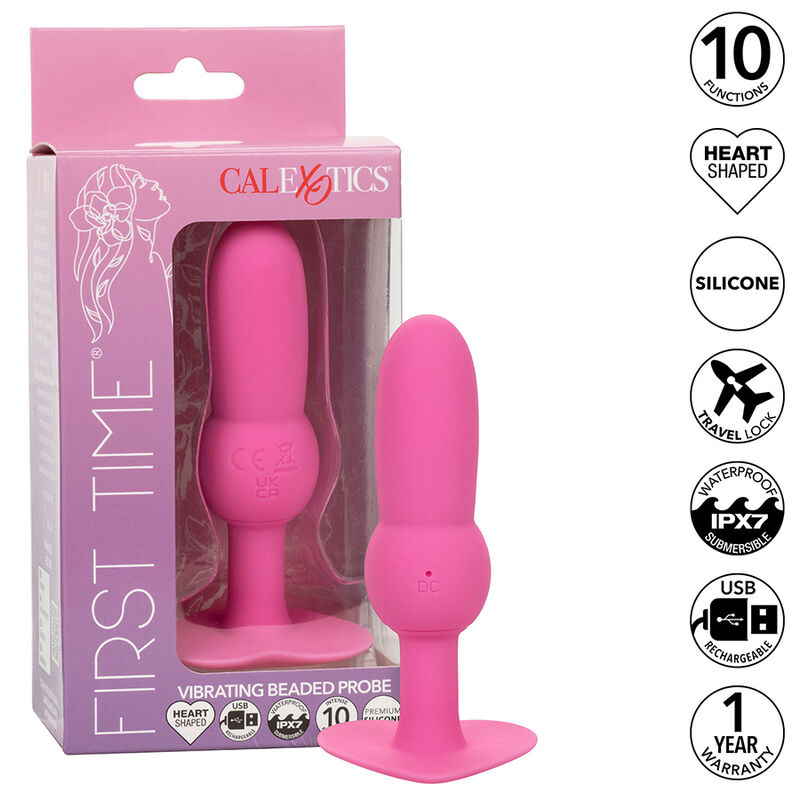 CalExotics First Time Vibrating Beaded Probe rosa con su caja del producto.