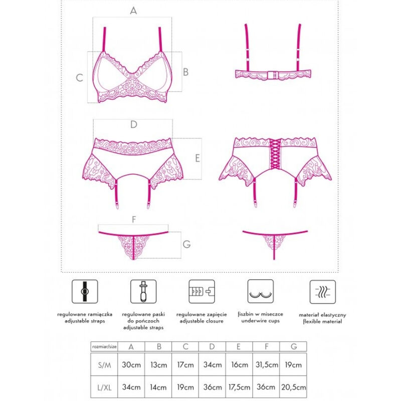 Guía de tallas del conjunto de lencería Livco Corsetti NAHIR LC 20214 con dibujos en rosa y tabla de medidas.