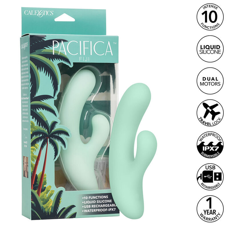 Vibrador CalExotics Pacifica Fiji en color aqua, con caja del producto visible.