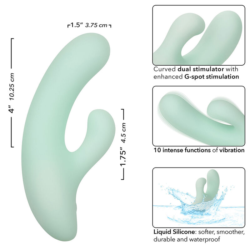 Guía de medidas del vibrador CalExotics Pacifica Fiji Aqua con forma curva y dos brazos.