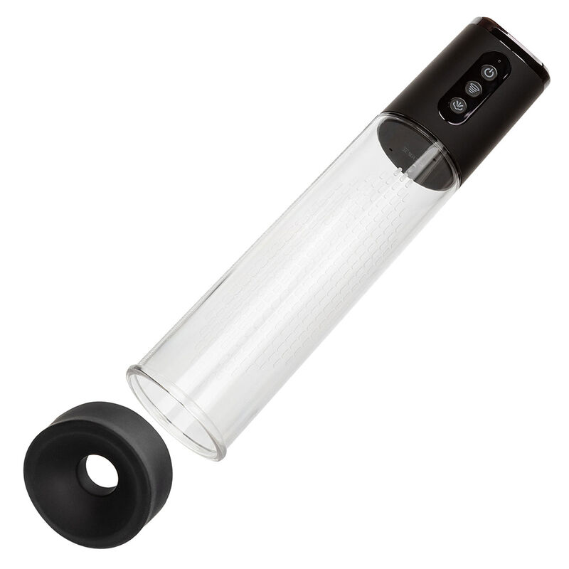 Detalle de CalExotics Peak: bomba de succión negra con cuerpo cilíndrico transparente y anillo extraíble.