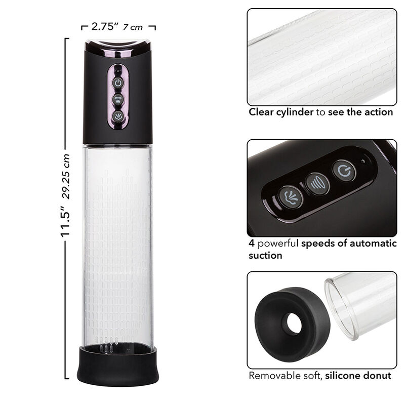 Guía de medidas del CalExotics Peak recargable, con cilindro transparente y anillo de silicona.