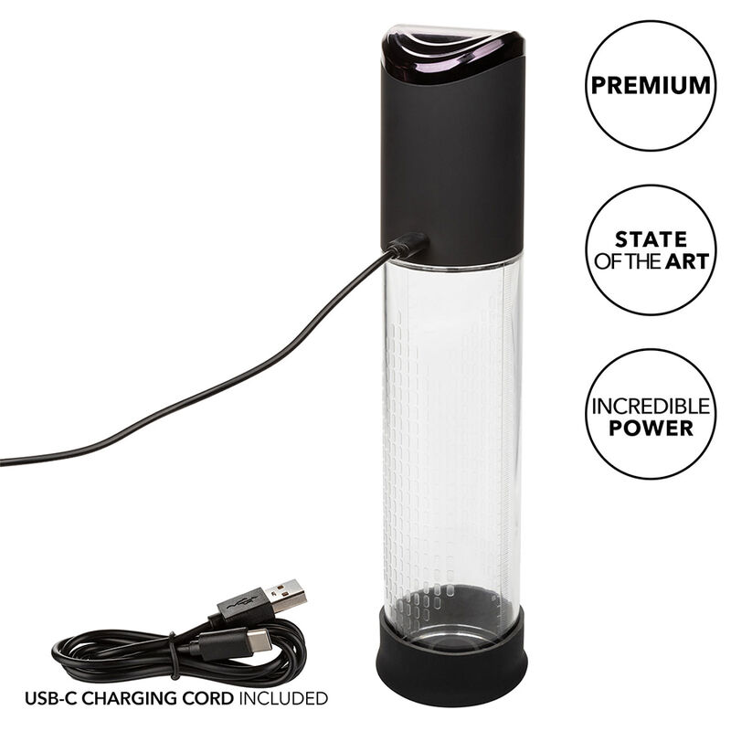CalExotics Peak bomba de succión negra con cilindro transparente y cable USB-C.