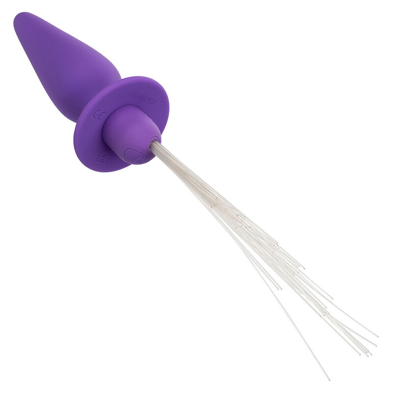 Detalle del plug anal vibrador CalExotics Southern Lights en púrpura, con fibras luminosas visibles.