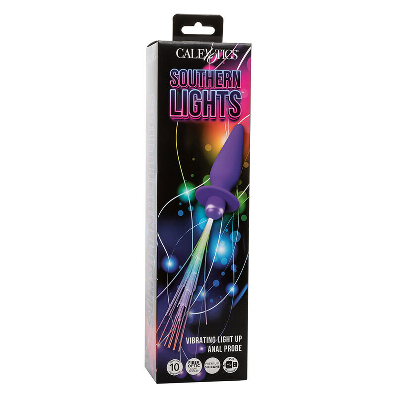 Caja del producto CalExotics Southern Lights, con ilustración púrpura y efectos de luz de colores.