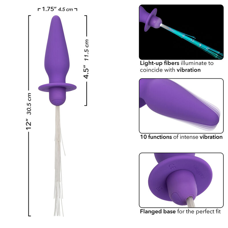 Guia de tallas del plug anal vibrador CalExotics Southern Lights, con medidas y detalle de la base con aletas.