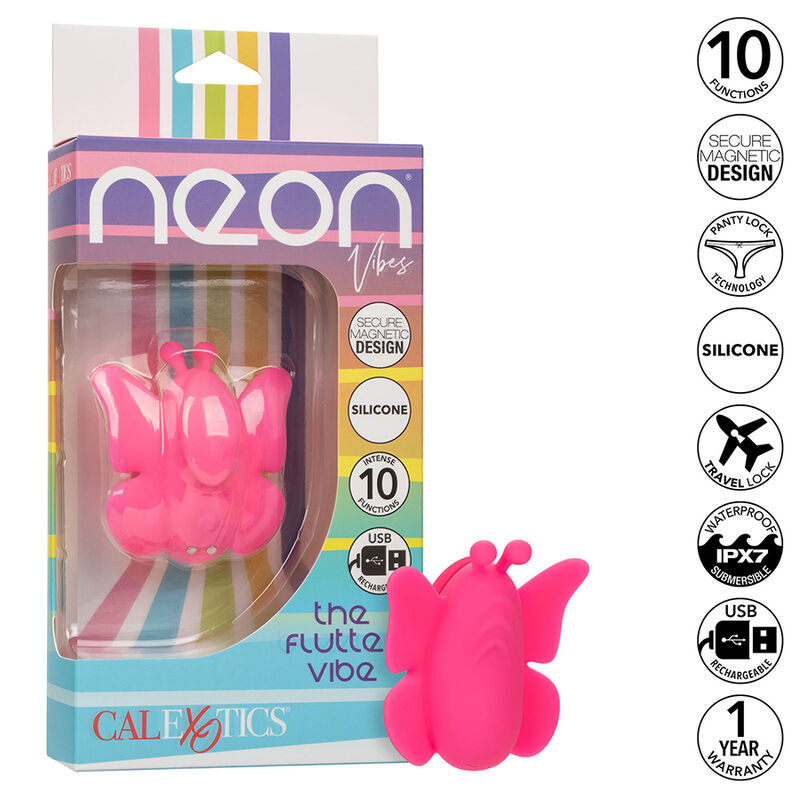 CalExotics Neon Vibes The Flutter Vibe rosa junto a su caja del producto.