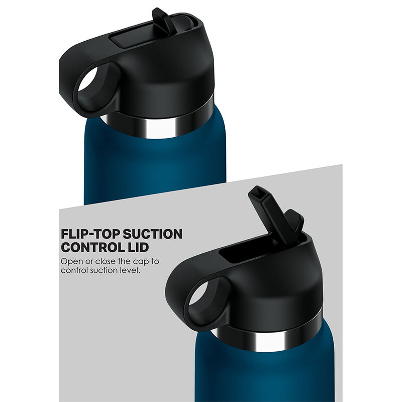 PDX PLUS+ Fuck Flask en detalle con tapa abatible negra y cuerpo azul.