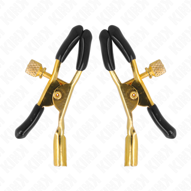Pinzas para pezones Kink en dorado con agarres negros, vista frontal.
