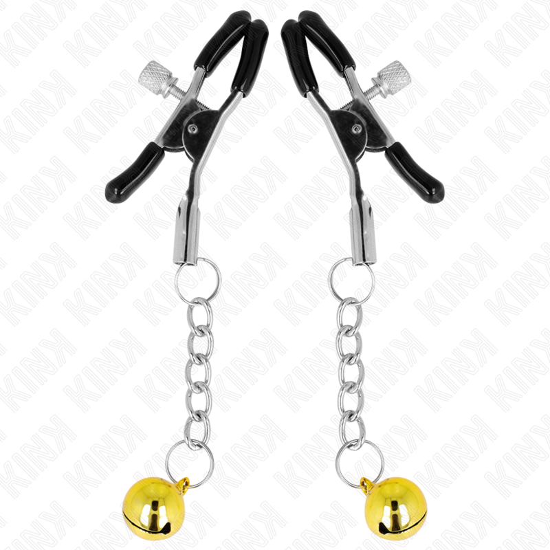 KINK NIPPLE GRIP pinzas para pezones negras con cadena y campana dorada
