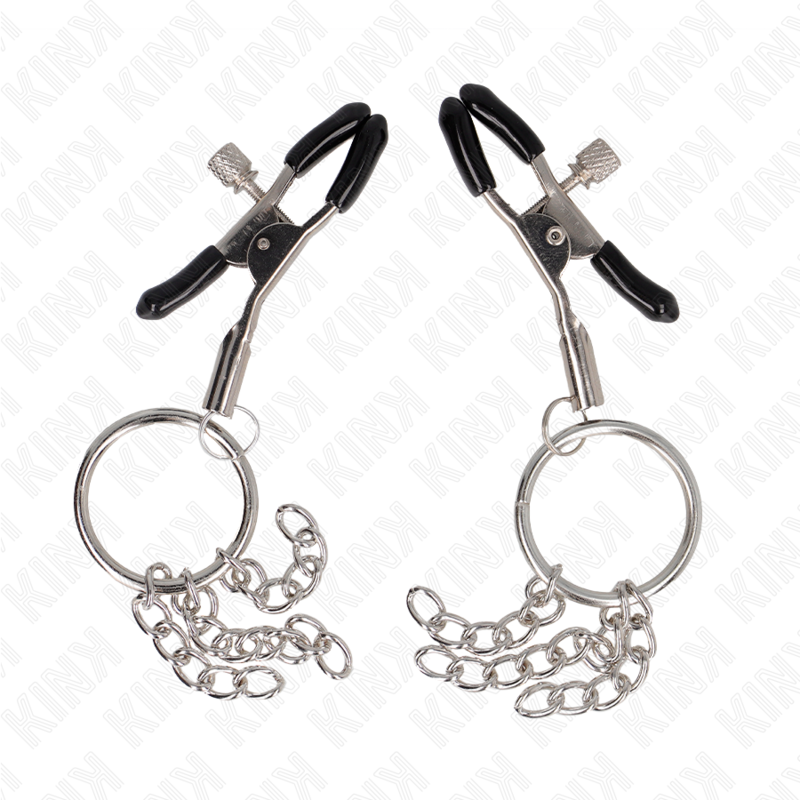KINK Nipple Grip, abrazaderas plateadas con anillas y cadenas pequeñas.