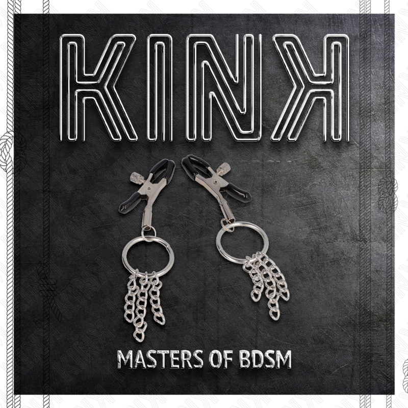 Caja del producto Kink Nipple Grip con dos pinzas plateadas y cadenas pequeñas.