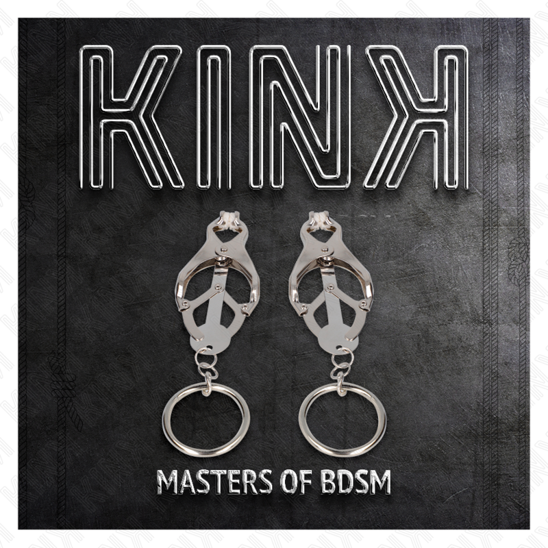 Caja del producto KINK con abrazaderas plateadas para pezones y aros metálicos.