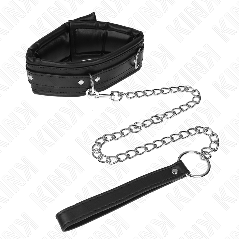 Collar negro acolchado KINK Model 4 con correa de cadena y muñequera a juego.