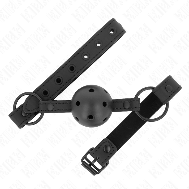 Mordaza de bola negra KINK con correas ajustables y anillas metálicas.