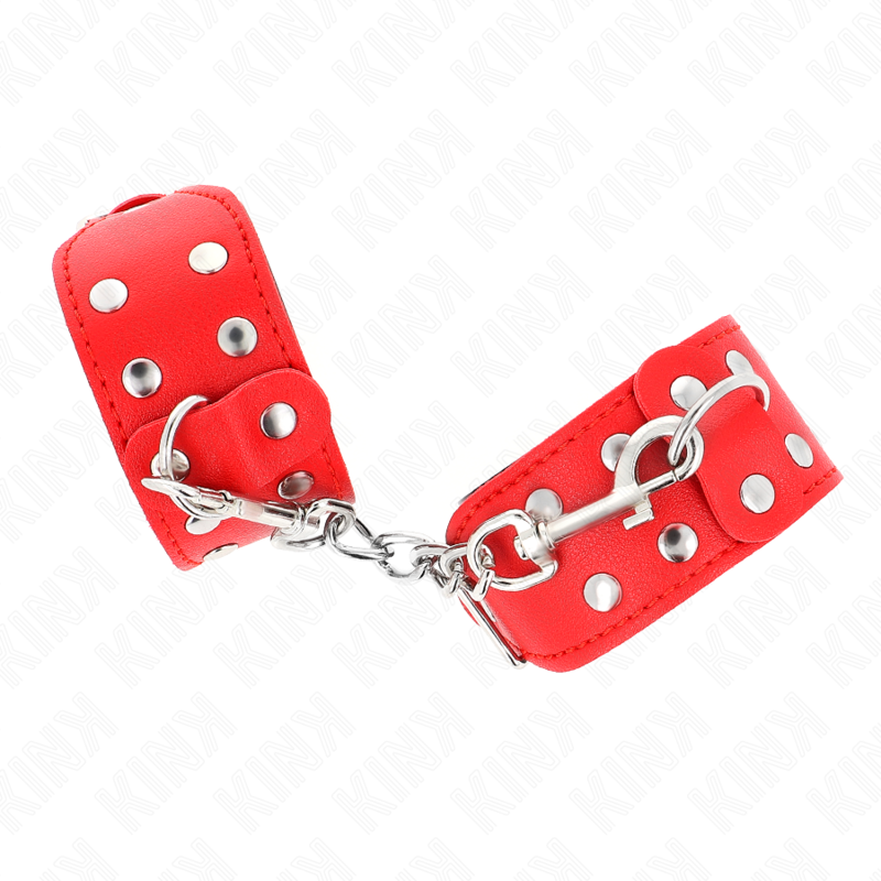 Muñequeras KINK rojas con tachuelas y cadena conectora