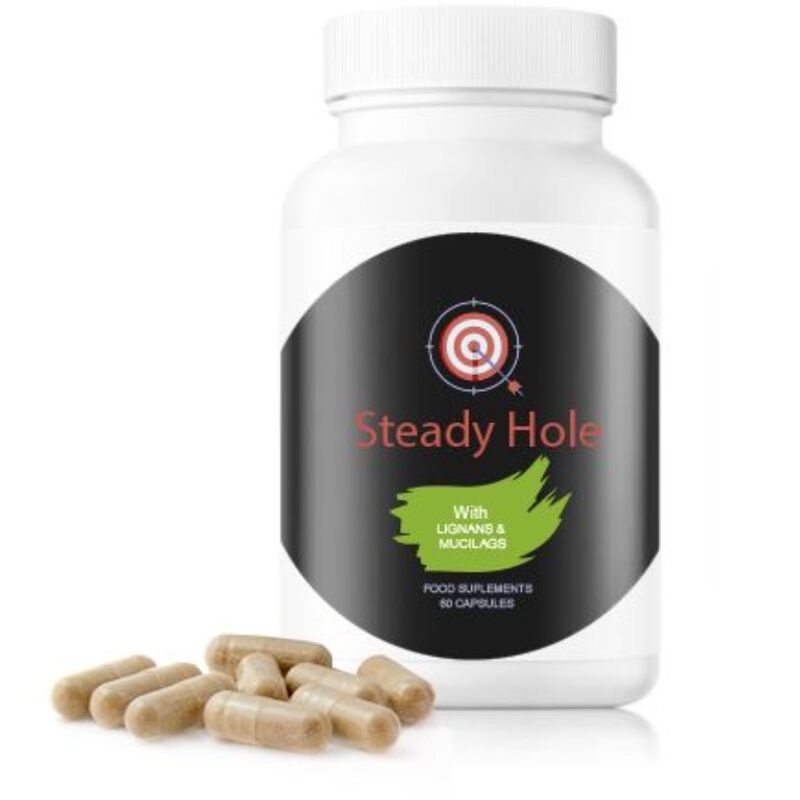 Complemento Steady Hole de 500Cosmetics en bote blanco con cápsulas visibles delante.