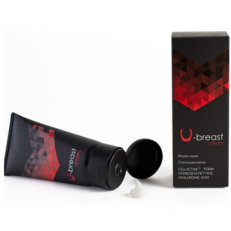 500COSMETICS U-Breast crema en tubo negro con la caja del producto