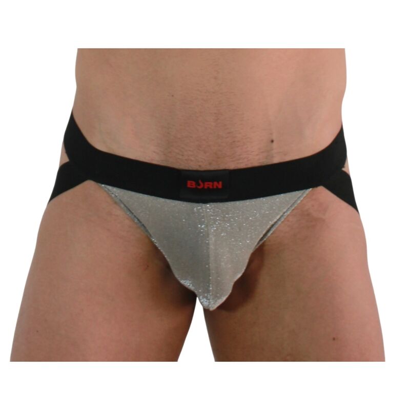 BURN 001 Jockstrap beige brillante y negro, vista frontal