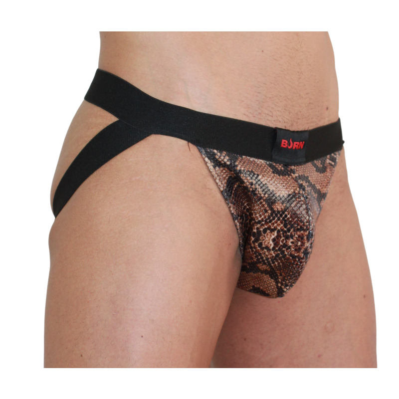 BURN Jock Snake negro en vista lateral, con bolsa estampada de serpiente.