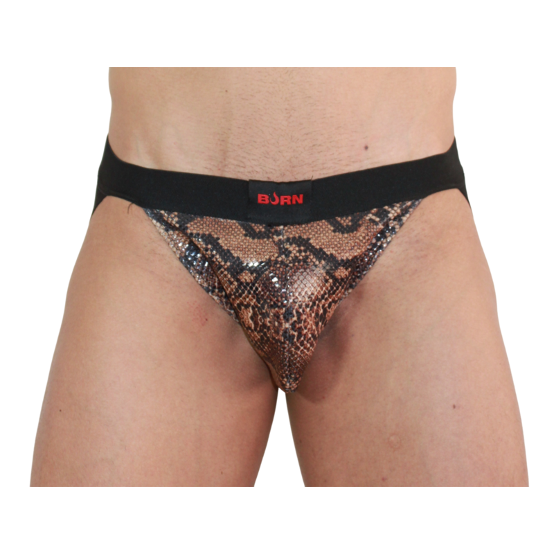 Suspensorio BURN negro con estampado de serpiente, vista frontal.