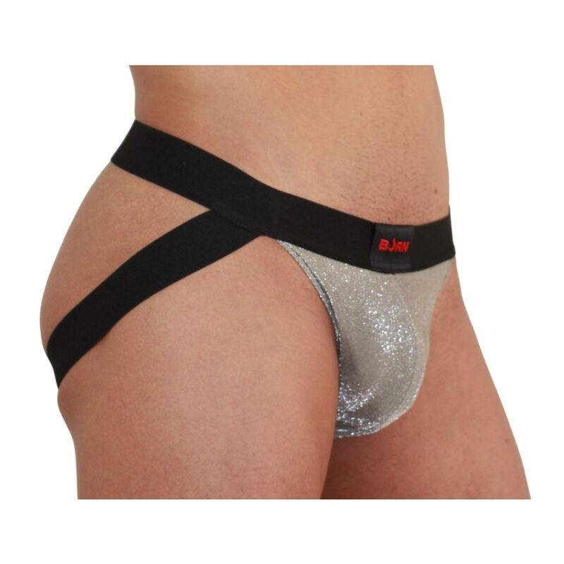 BURN 001 jockstrap en vista lateral, con tiras negras y bolsa brillante plateada/beige.