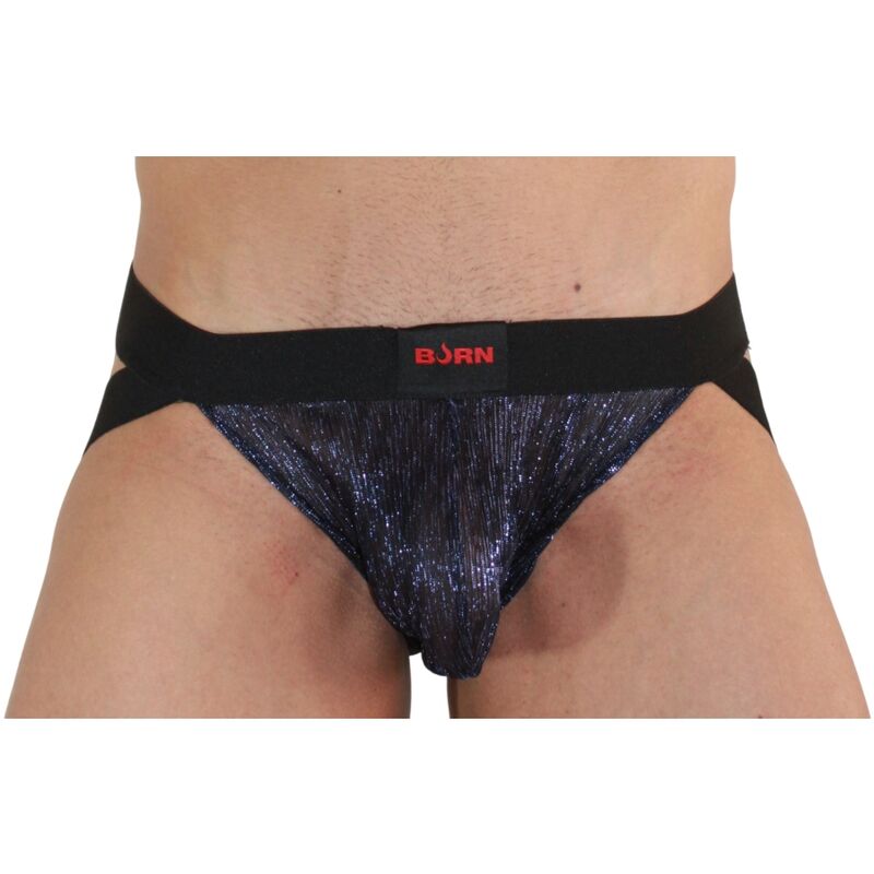 Detalle del jockstrap BURN 006 en azul brillante y negro, visto de frente.