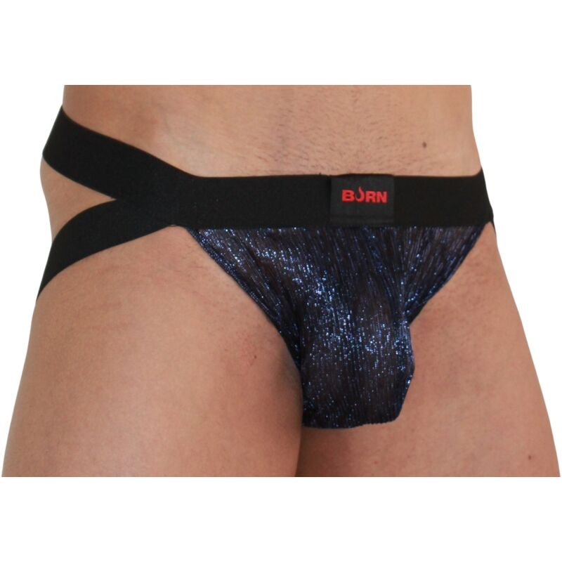 Detalle del jockstrap BURN 006 azul brillante y negro, puesto sobre el modelo.