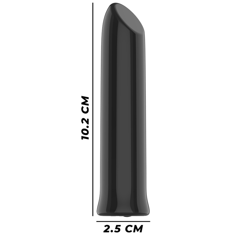 Guia de talla del vibrador bala Intense Todrick negro con medidas de 10,2 cm y 2,5 cm.