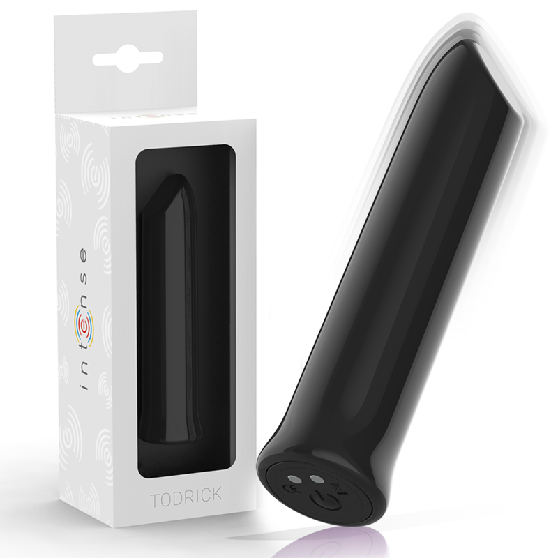 Vibrador bala Intense Todrick negro junto a su caja del producto.