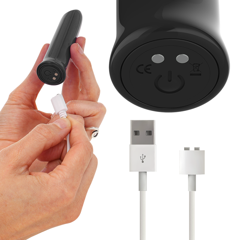 Detalle de la bala vibradora INTENSE TODRICK negra con cable de carga USB.