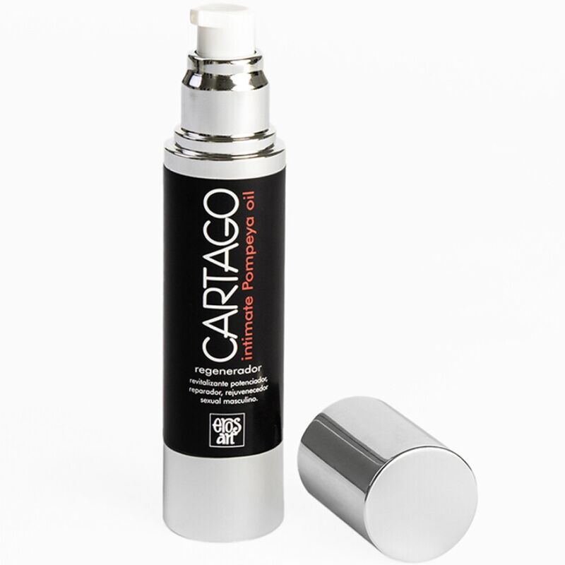 EROS-ART Cartago aceite íntimo para hombres en botella negra y plateada con dosificador.