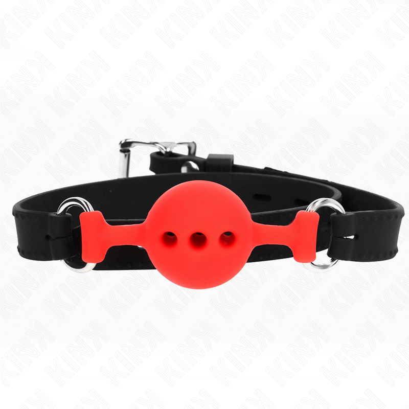 KINK Ball Gag rojo de silicona con correa negra ajustable y anillas metálicas.