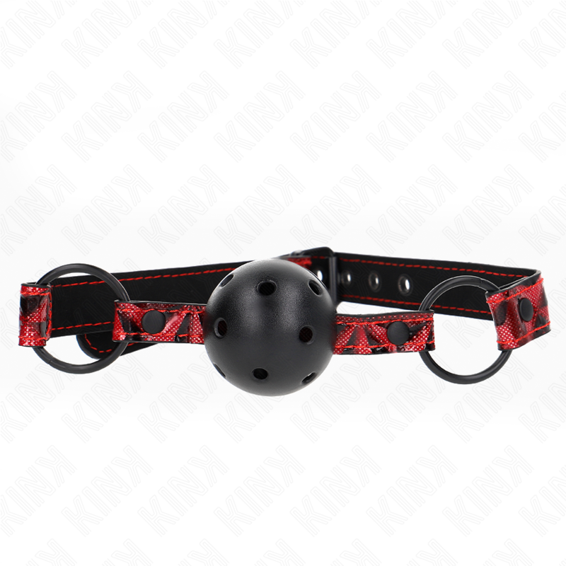 Bozal de bola KINK con bola negra y correas rojas estampadas, vista frontal.