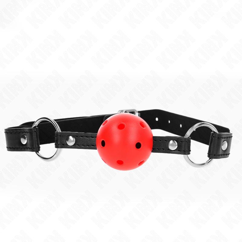 Mordaza de bola Kink Collar & Gag con bola roja perforada y correa negra.