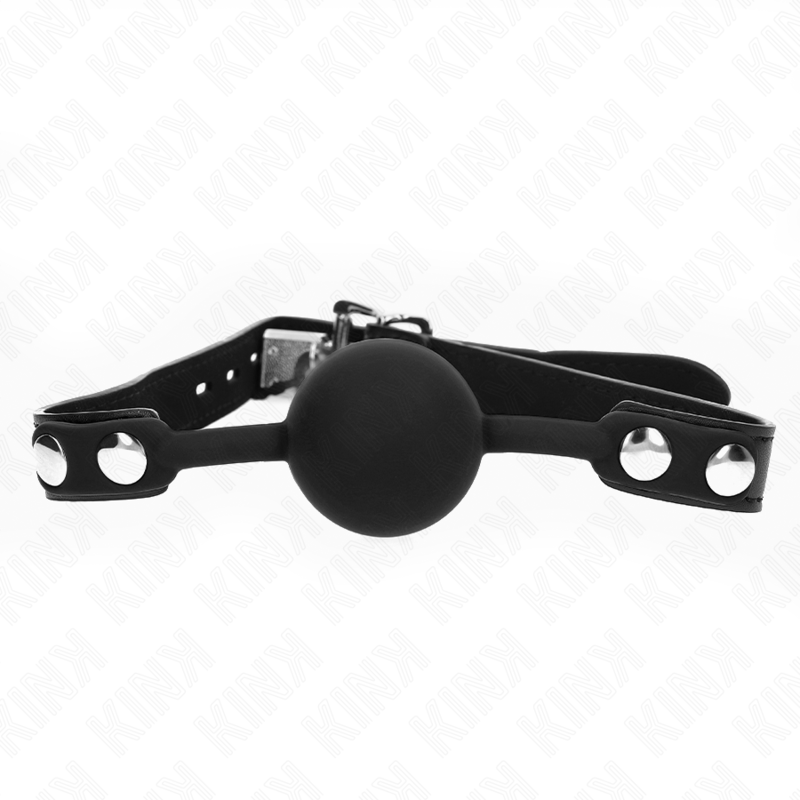 Bozal de bola negro Kink Collar & Gag, vista frontal con correa ajustable y cierre metálico.
